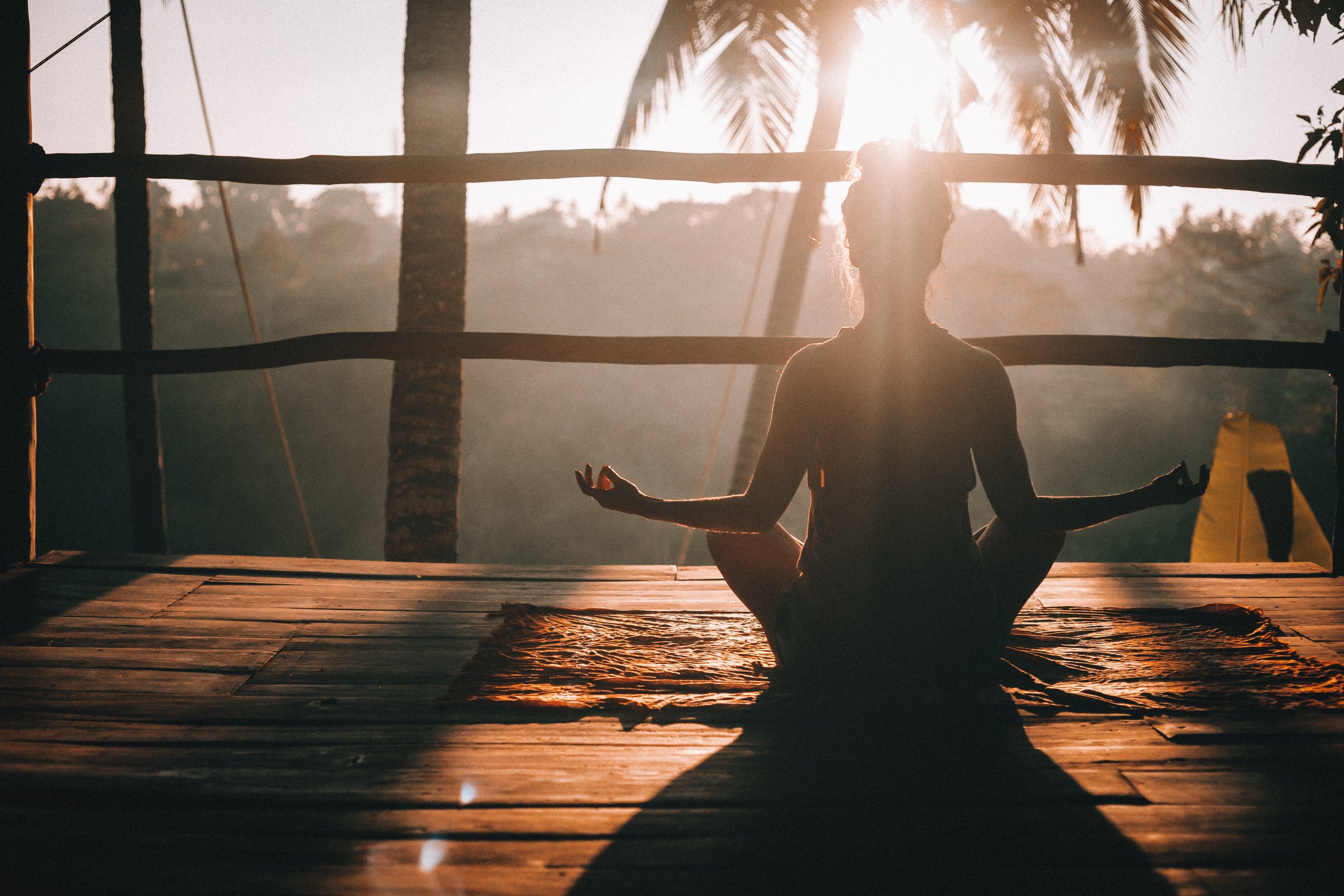 Photo of a woman meditating in a tiki hut surrounded by palm trees. The sunlight washes her out so we only see her outline.