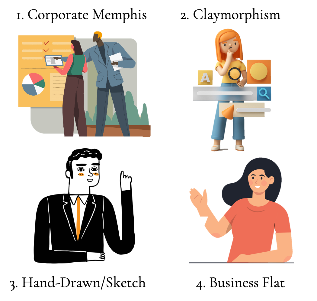 4 animated corporate cartoon figures, each drawn in a different visual style.