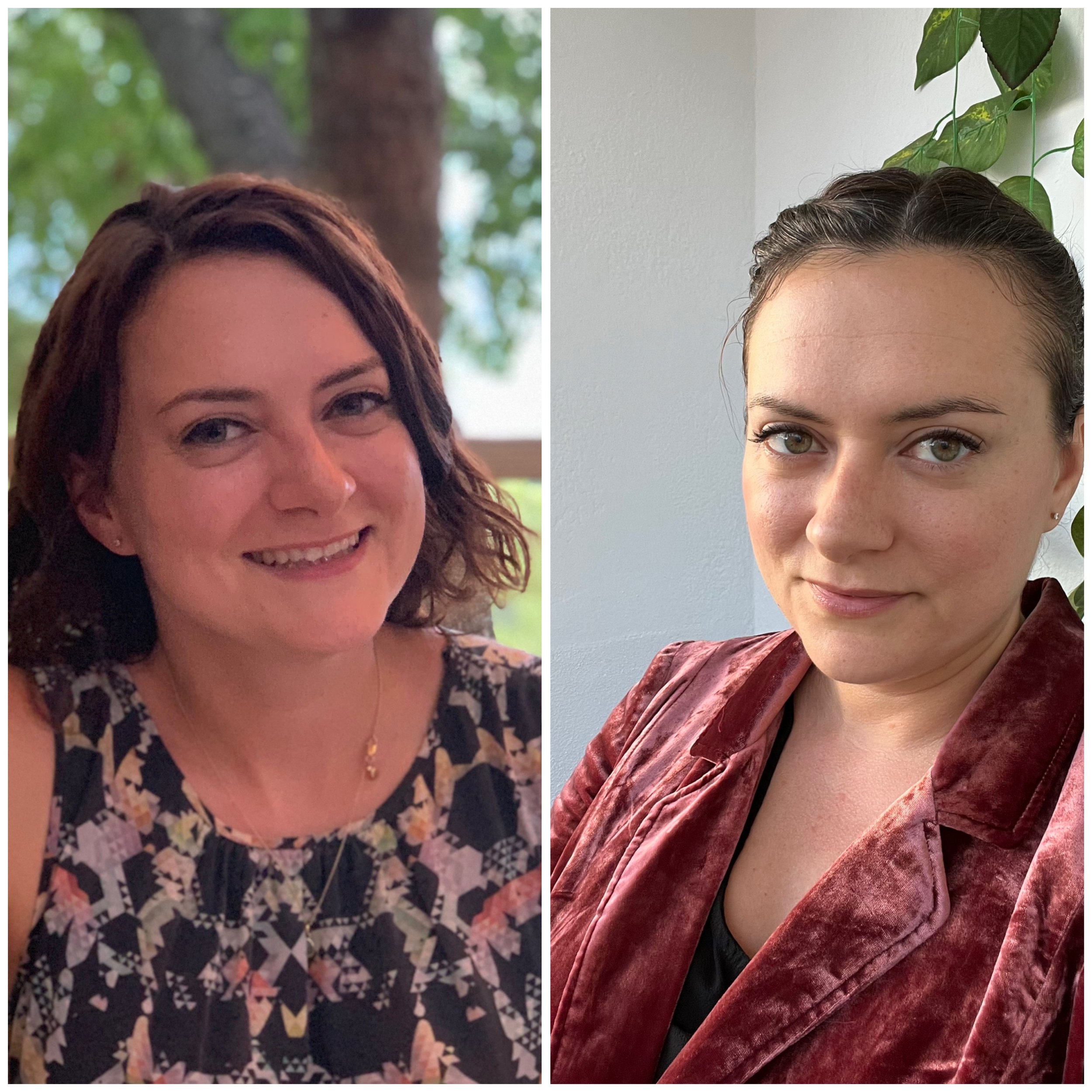 Two side by side images of the author; one with her hair down wearing a printed dress, one with her hair up wearing a pink blazer