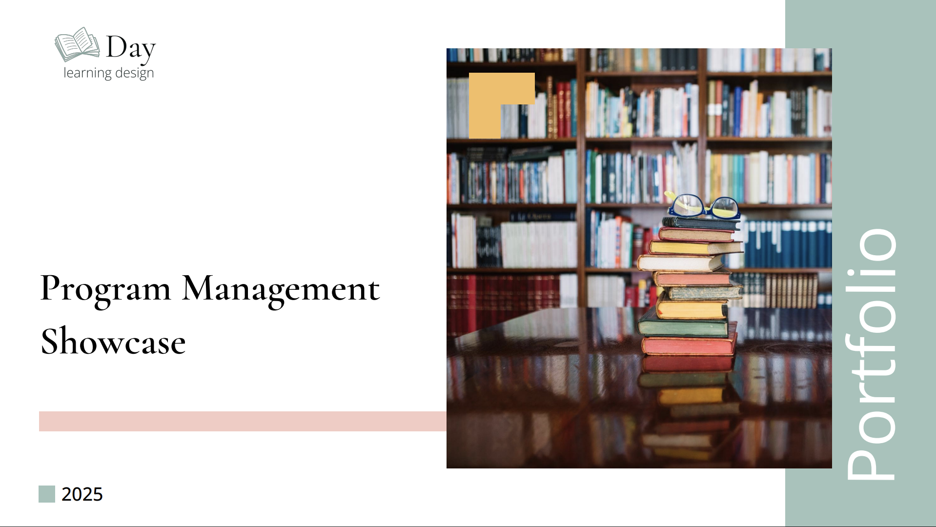 A screenshot of the cover of a digital portfolio with a photo of stacked books and the text "Program Management Showcase"