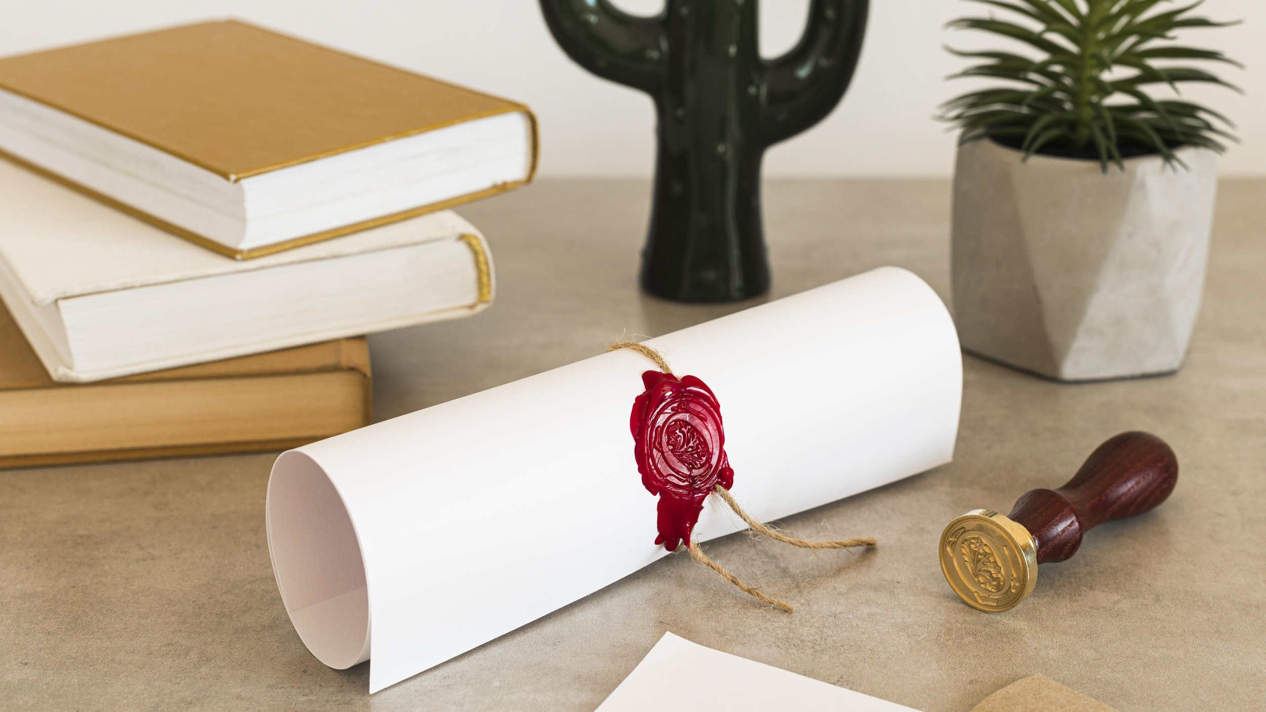 An award certificate with a wax seal sits on a workplace desk.