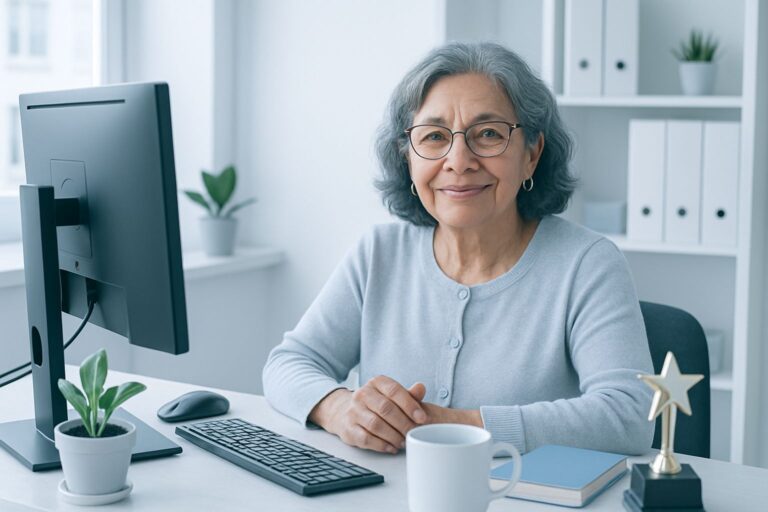 An older Hispanic woman sits at her desk in an office with a small trophy.