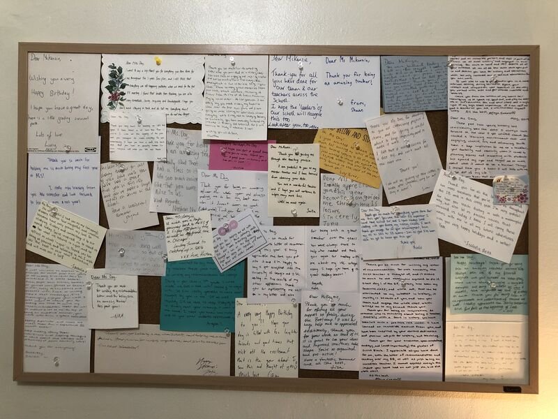 Bulletin board of hand written thank you notes from McKenzie Days students
