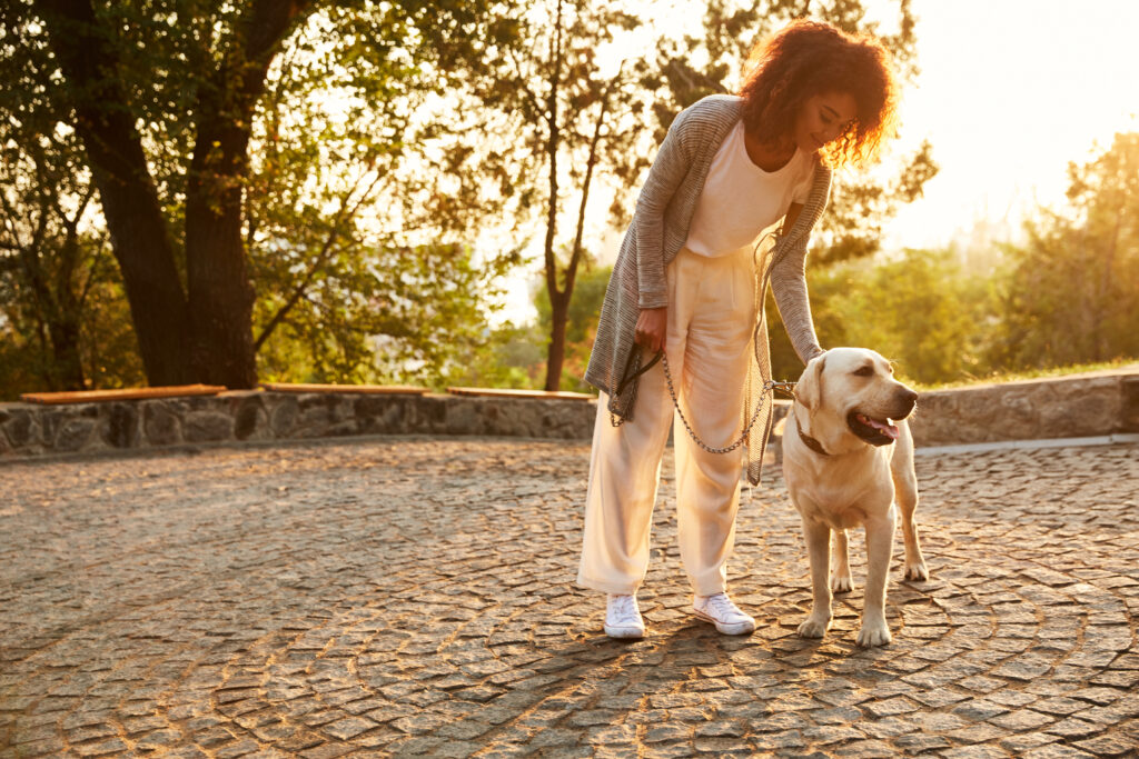 A smiling Black woman walks a big golden dog in a park.