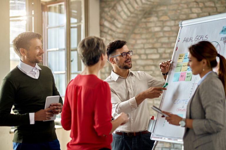 A project manager who is a man with a white button down shirt and glasses gathers an office team around a board that says Annual Goals